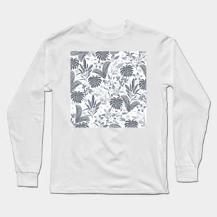 Tropical Grey Foliage Floral White Pattern Long Sleeve T-Shirt